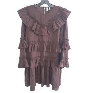 YAS Brown Layered Ruffle Detail Boho Peasant Long Sleeve Midi Dress-EU 38 / US 6